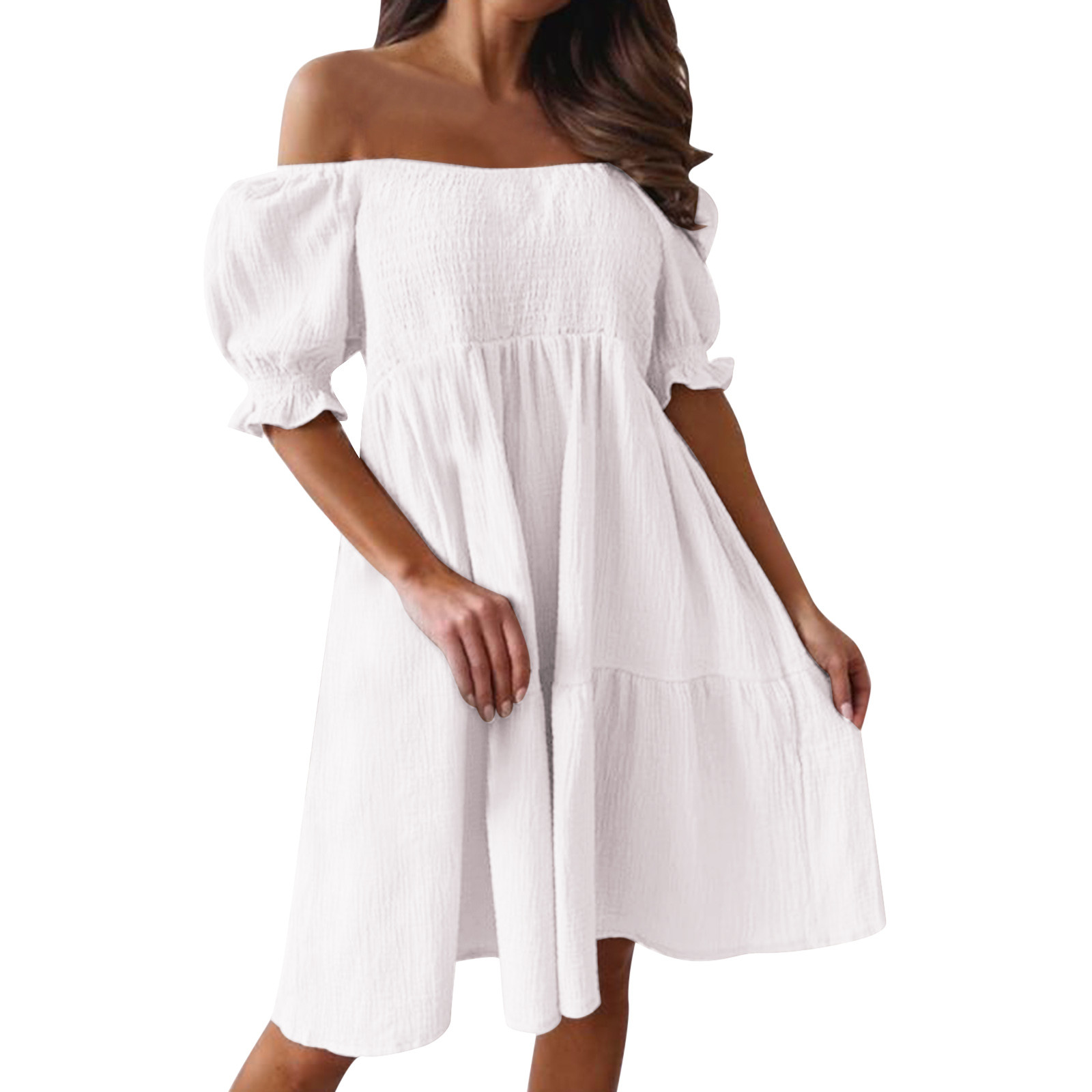 thumbnail image 2 of Vestido bohemio con hombros descubiertos para mujer - Manga abullonada, volantes fluidos, poliéster, ropa de playa/vacaciones/verano, 2 of 8